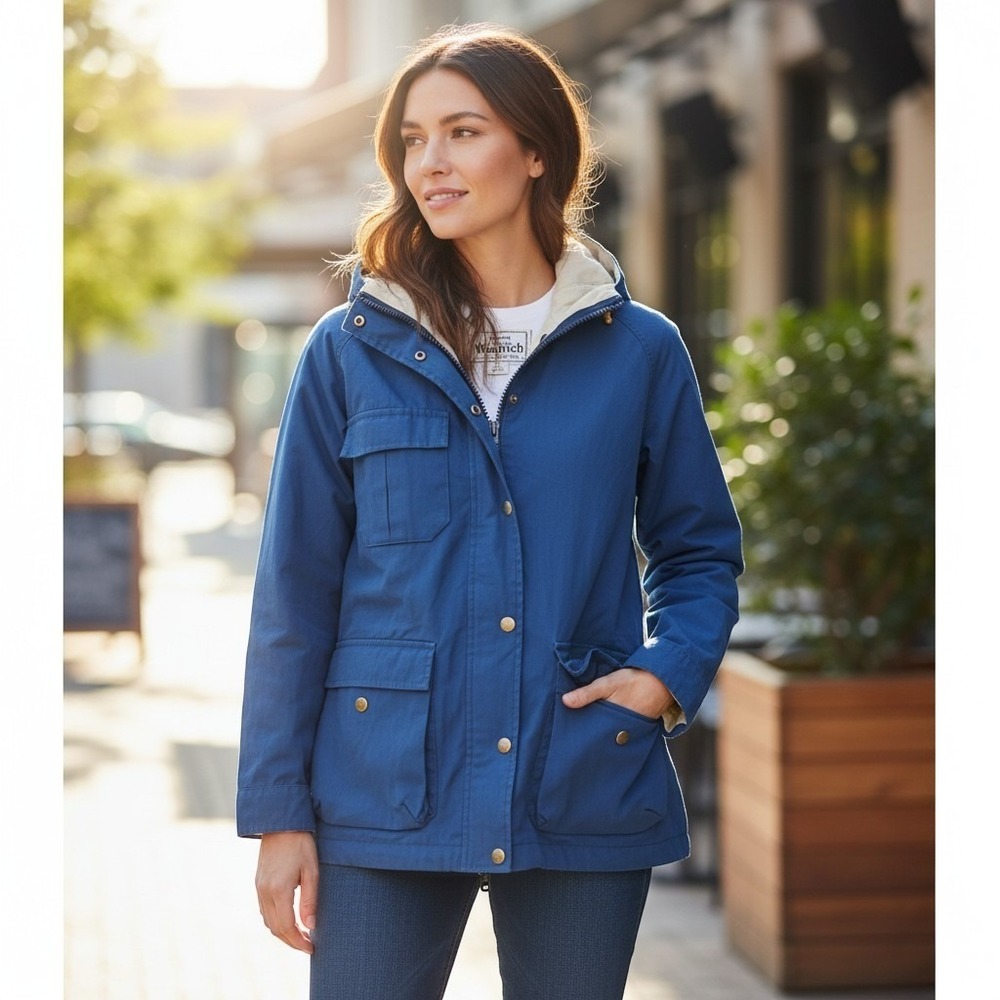 Vintage Woolrich Woman Harbor Blue Hooded Utility Jacket Cargo Pockets Outdoor L